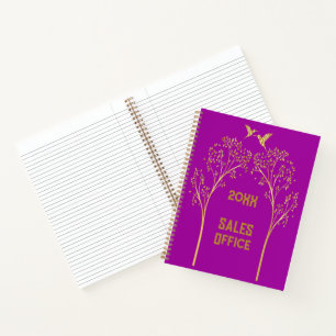Monogrammed Gold Trees with Birds on Purple Notebook