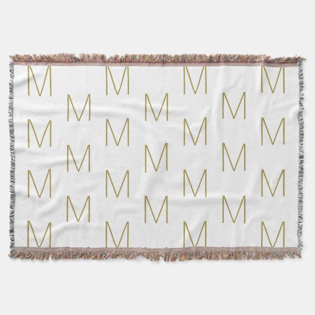 Monogrammed gold white custom initial letter throw blanket (Front)