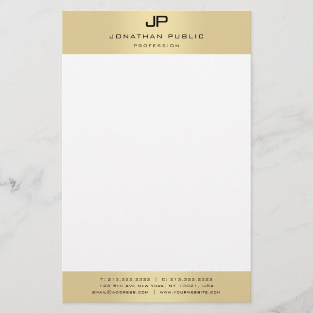 Monogrammed Gold White Modern Elegant Template Stationery (Front)