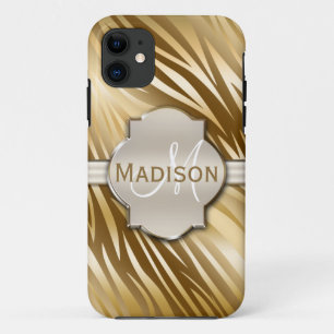 Monogrammed Gold Zebra Print Pattern iPhone 11 Case