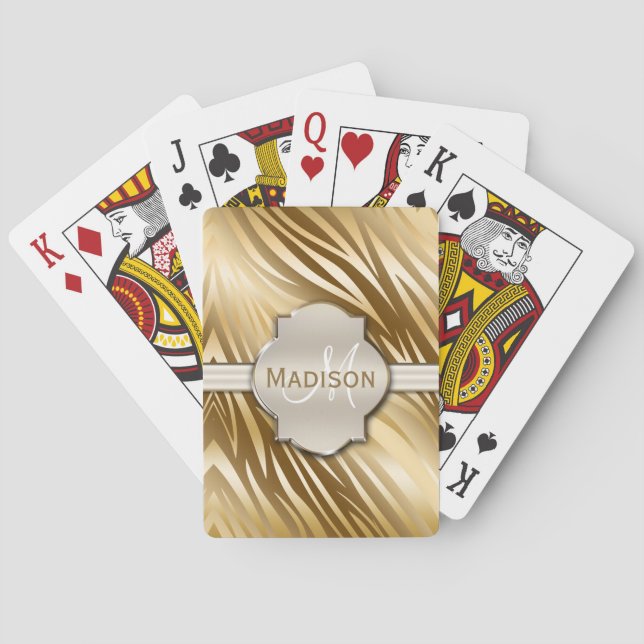 Monogrammed Gold Zebra Print Pattern Playing Cards (Back)
