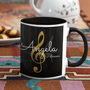 Monogrammed Golden Treble Clef, Music Black Mug