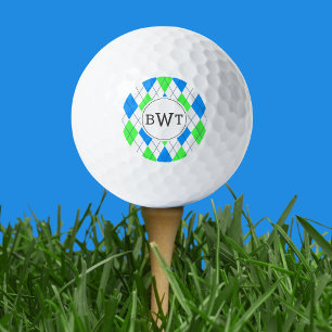 Monogrammed Golf Balls Blue Green Argyle Pattern