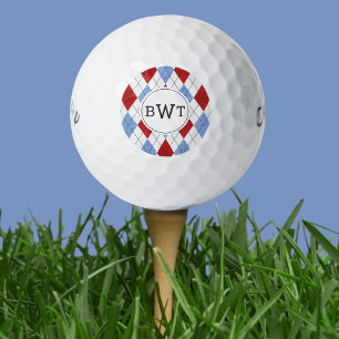 Monogrammed Golf Balls   Blue Red Argyle Pattern
