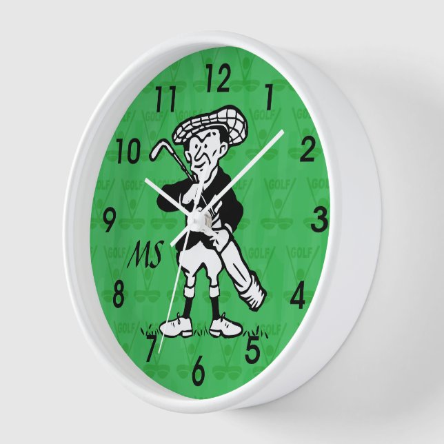 Monogrammed golf cartoon golfer clock (Angle)