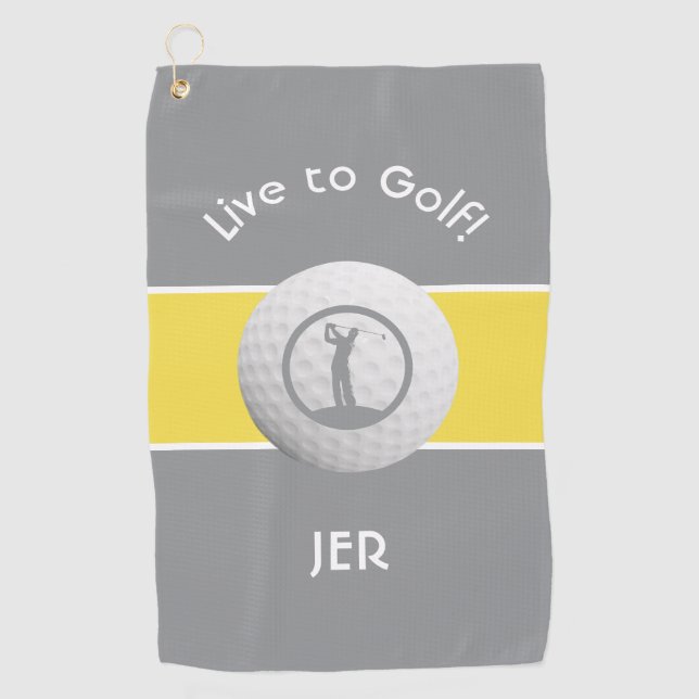 Monogrammed Golf Player Sports Quote Grey & Yellow Golf Towel (Front)