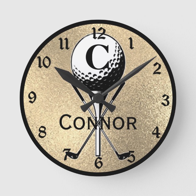 Monogrammed Golf Tee Gold Round Clock (Front)