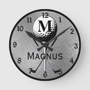 Monogrammed Golf Tee Silver Round Clock
