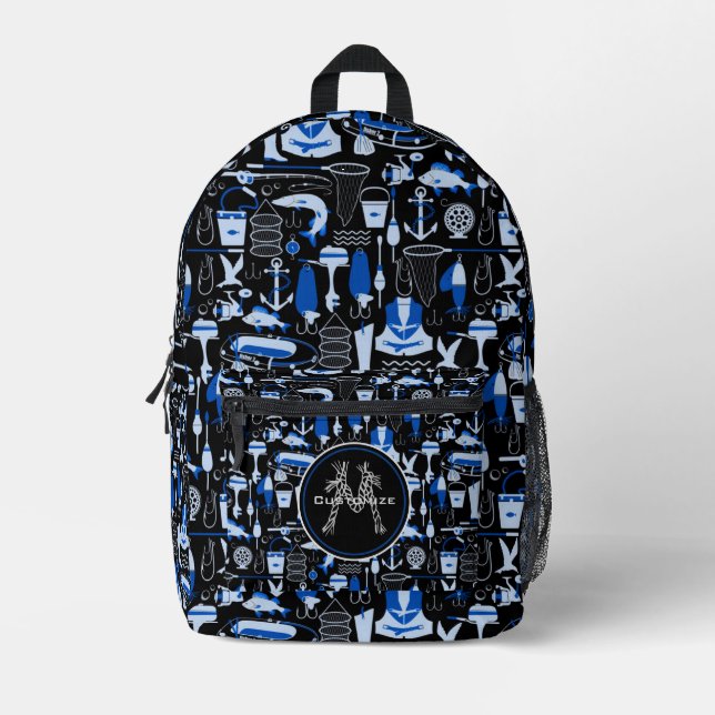 Monogrammed Gone Fishing Blue   Printed Backpack (Front)