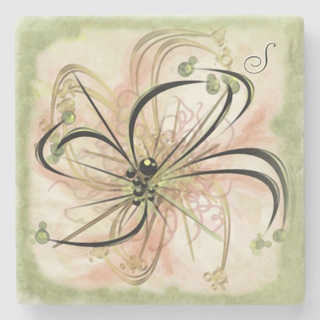 Monogrammed Graceful Fantasy Flower Marble Coaster (Front)