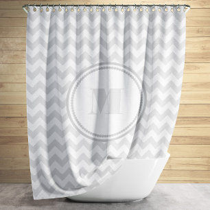 Monogrammed Gray White Striped Chevron Pattern Shower Curtain