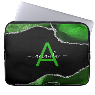 Monogrammed Green Agate with Silver Glitter Accent Laptop Sleeve
