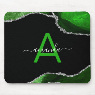 Monogrammed Green Agate with Silver Glitter Accent Mouse Mat