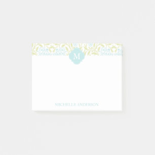 Monogrammed Green and Aqua Floral Damask Post-it Notes