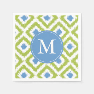 Monogrammed Green and Blue Ikat Diamonds Pattern Napkin