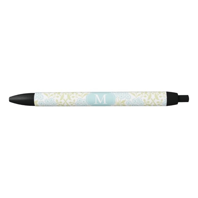 Monogrammed Green and Mint Floral Damask Black Ink Pen (Front)