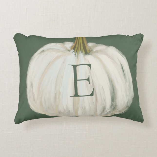 Monogrammed Green and White Fall Pumpkin Decorative Cushion (Front)