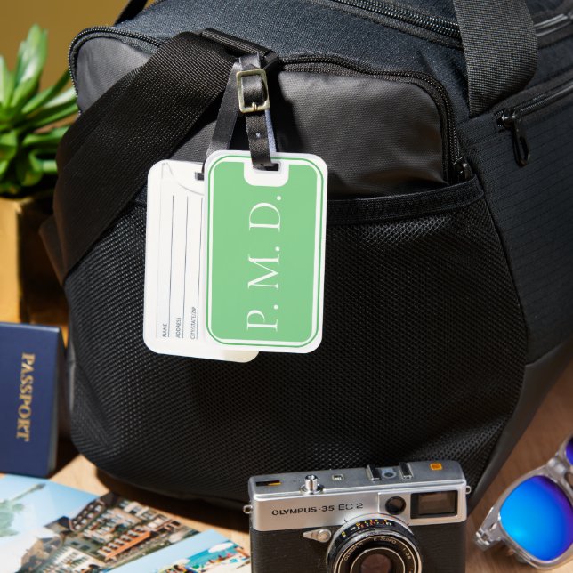 Monogrammed Green and White Luggage Tag (Front & Back)