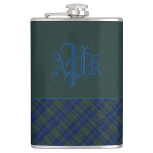 Monogrammed Green, Blue & Aqua Plaid Hip Flask