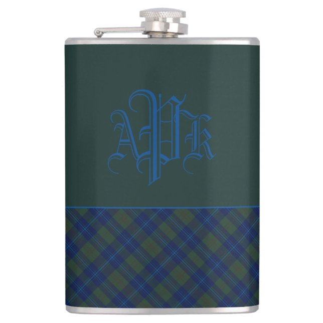 Monogrammed Green, Blue & Aqua Plaid Hip Flask (Front)