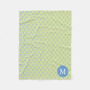 Monogrammed Green Blue Diamonds Ikat Pattern Fleece Blanket