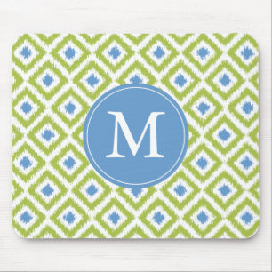 Monogrammed Green Blue Ikat Pattern Mouse Mat