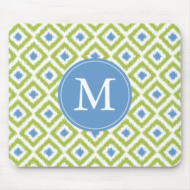 Monogrammed Green Blue Ikat Pattern Mouse Mat (Front)