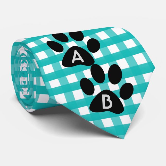 Monogrammed Green Chequered Pattern Pet Paw Print Tie (Rolled)