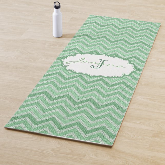 Monogrammed Green Chevron Pattern Yoga Mat (In Situ)