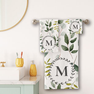 Monogrammed Green Eucalyptus Tropical Leaves Bath Towel Set