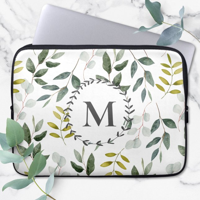 Monogrammed Green Eucalyptus Tropical Leaves Laptop Sleeve (Creator Uploaded)
