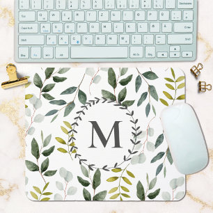 Monogrammed Green Eucalyptus Tropical Leaves Mouse Mat