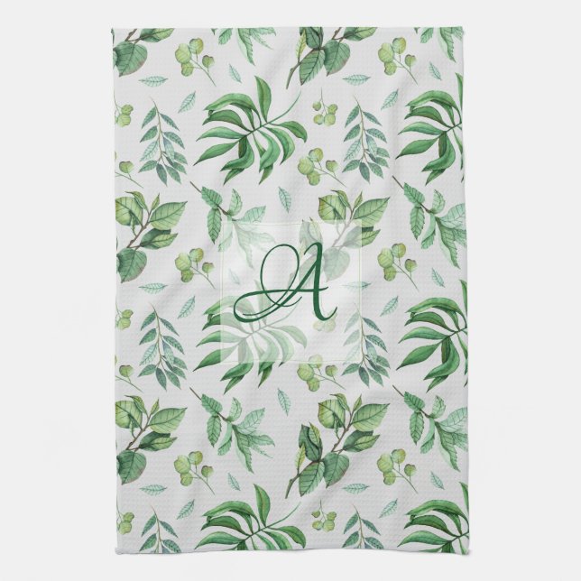 Monogrammed Green Leave Botanical Home Decor Tea Towel (Vertical)