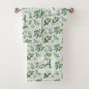 Monogrammed Green Leaves Botanical Home Decor Bath Towel Set