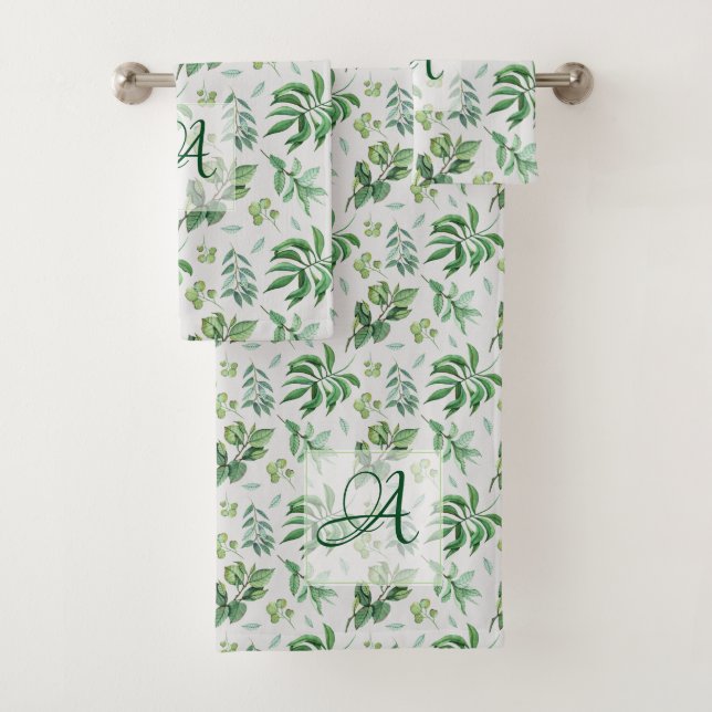 Monogrammed Green Leaves Botanical Home Decor Bath Towel Set (Insitu)