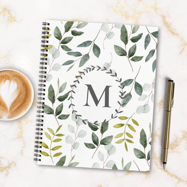 Monogrammed Green Leaves Pattern To Do List Notebook (In situ)