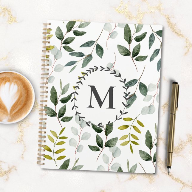 Monogrammed Green Leaves Watercolor Pattern 2026 Planner (In situ)