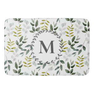 Monogrammed Green Leaves Watercolor Pattern Bath Mat