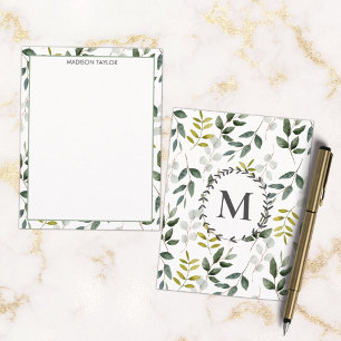 Monogrammed Green Leaves Watercolor Pattern Card