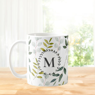 Monogrammed Green Leaves Watercolor Pattern Coffee Mug