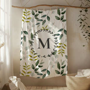 Monogrammed Green Leaves Watercolor Pattern Fleece Blanket