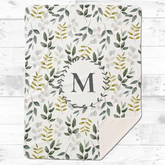 Monogrammed Green Leaves Watercolor Pattern Sherpa Blanket (In situ on wood)