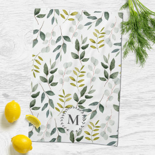 Monogrammed Green Leaves Watercolor Pattern Tea Towel