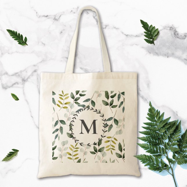 Monogrammed Green Leaves Watercolor Pattern Tote Bag (Close up photo)