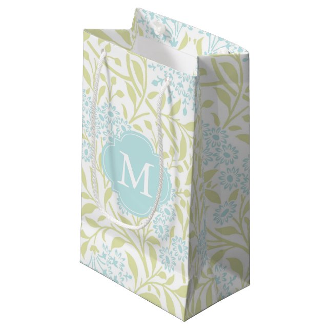 Monogrammed Green Mint Floral Pattern Small Gift Bag (Front Angled)
