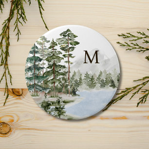Monogrammed Green Pine Forest and Lake 7.5 Cm Round Badge