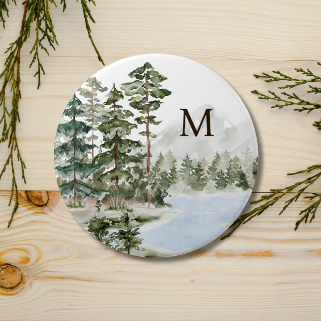 Monogrammed Green Pine Forest and Lake 7.5 Cm Round Badge (In situ)