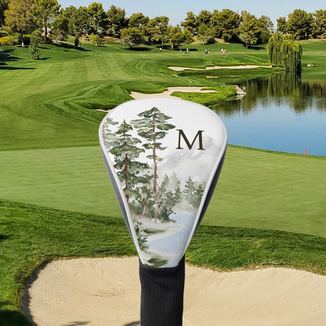 Monogrammed Green Pine Forest and Lake Golf Head Cover (In situ)
