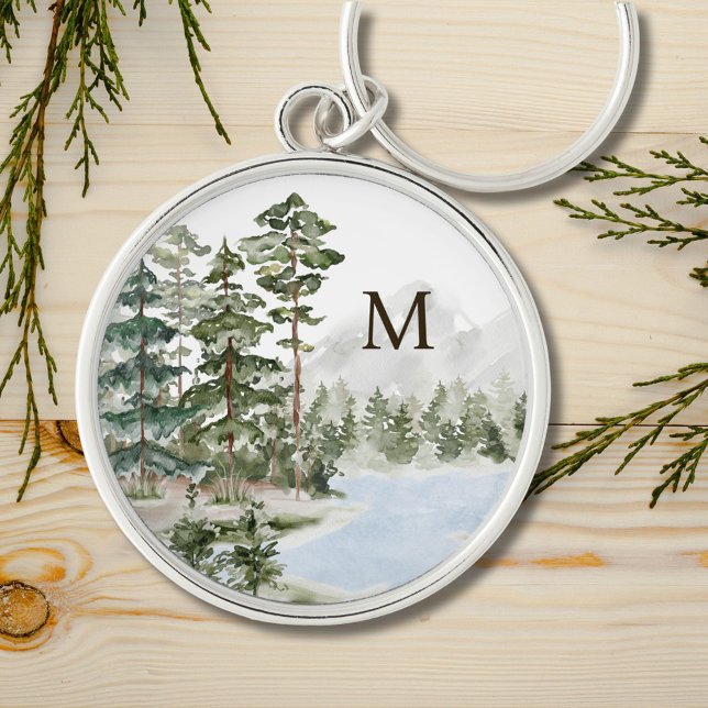 Monogrammed Green Pine Forest and Lake Key Ring (In situ)