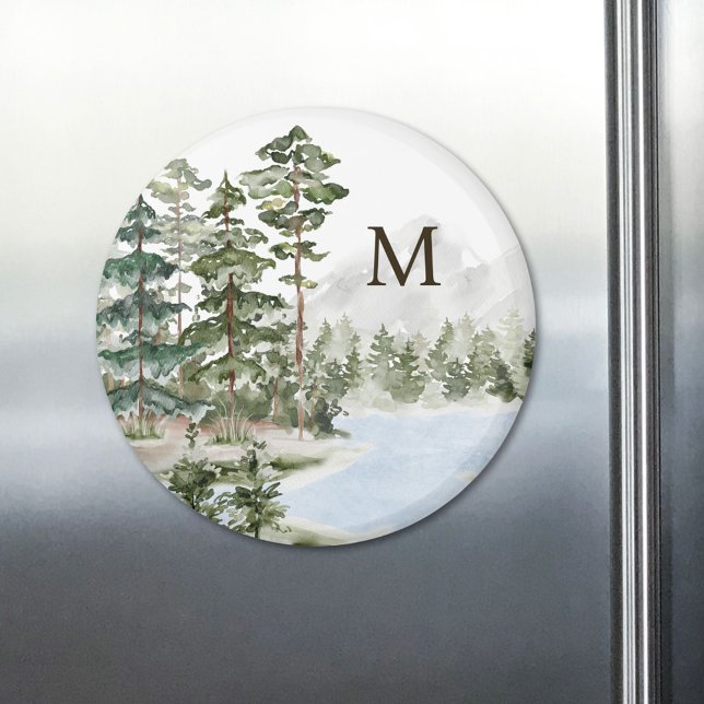 Monogrammed Green Pine Forest and Lake Magnet (In situ)